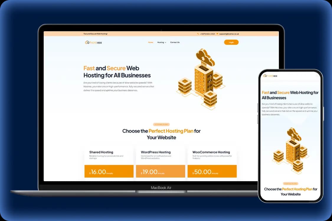 Hostrex web hosting website by Oraweb Studio